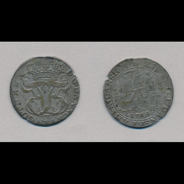 1764, Dansk Vestindien, Frederik V, 12 skilling, kanthak, 1+, S 6,