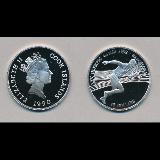 1990, Cook Island, 10 dollars, sølvmønt, 925/1000, OL i sprint,