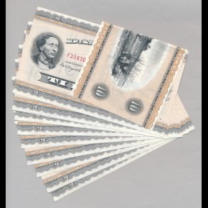 1958, 10 kroner, original seddel-bundt med 10 fortlbende numre, F3,