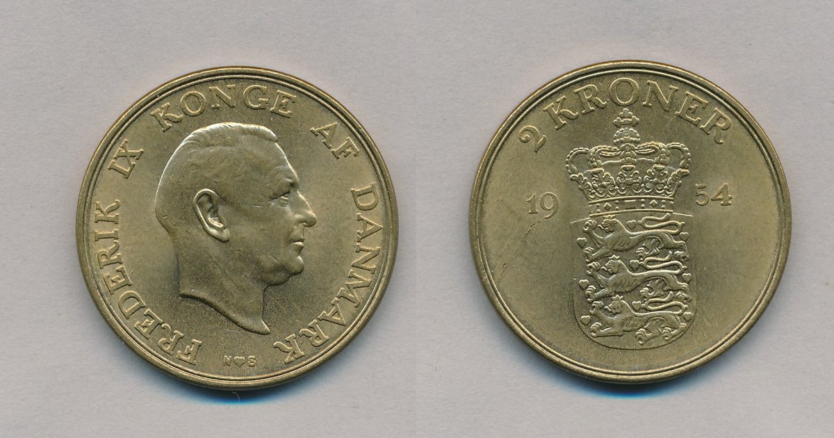 1954, 2 kroner, 0, - Gule 2 kroner - samlerforum - Agau Metal Aps