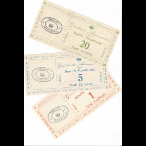 1941, Grnland, 1-, 5- og 20 skilling, Handels Vrdimrker, 1+,  samlet tilbud, alle 3 sedler,