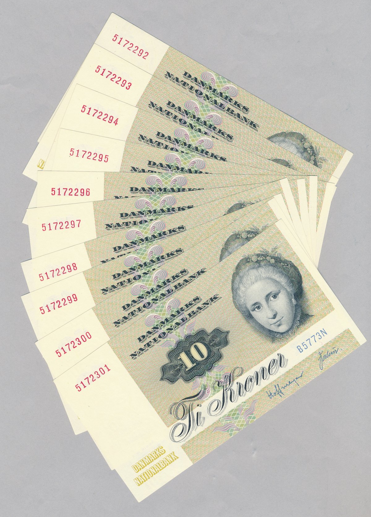 1977, 10 kroner, B5, sedler, S 139, 0, 10 stk fortløbende, i3, - 10 ...
