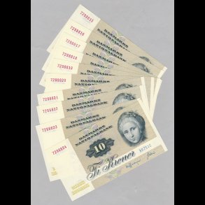 1975, 10 kroner, A6, sedler, S 139, 0, 10 stk fortlbende numre,
