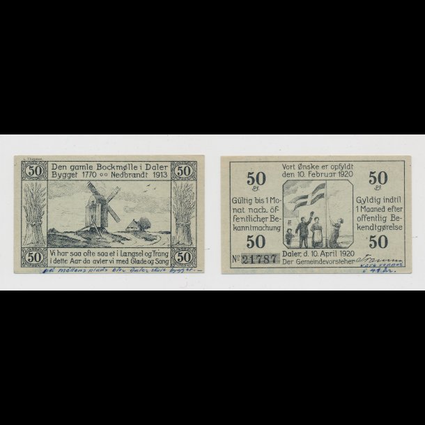 1920, Snderjysk ndpenge seddel, 50, Daler d. 10. April 1920,