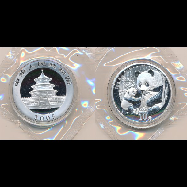2005, Kina, 10 Yuan, Panda, 1 oz slv, slvmnt, original bl ske medflger,