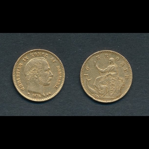 1874, Christian IX, 10 kroner, 01, guldmnt, stor afstand mellem 7 og 4,
