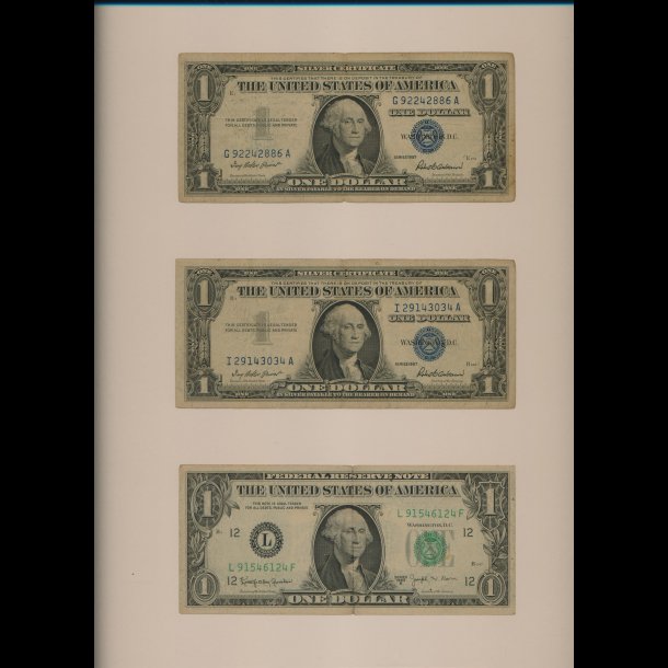 USA, 3 stk one dollar sedler, opsat i glas og ramme, 11/25,