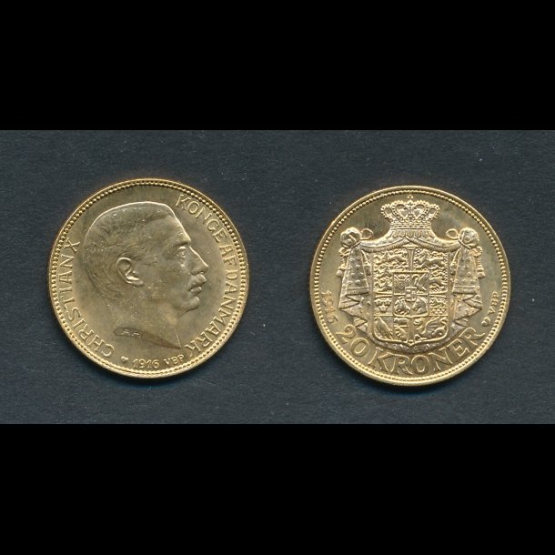 1916, Christian X, 20 kroner, 0 / 01, guldmnt,
