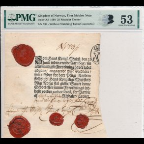 1695, Norge, Jrgen Thormhlen seddel, 25 Rixdaler Croner, n 339, pick A3, kvalitet 53, #11