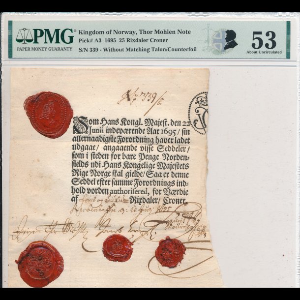 1695, Norge, Jrgen Thormhlen seddel, 25 Rixdaler Croner, n 339, pick A3, kvalitet 53, #11