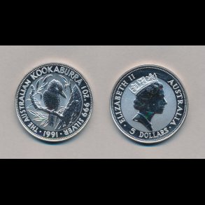 1991, Australien, 1 dollar, 1 oz s�lv, Kookaburra,
