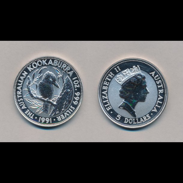 1991, Australien, 1 dollar, 1 oz s�lv, Kookaburra,