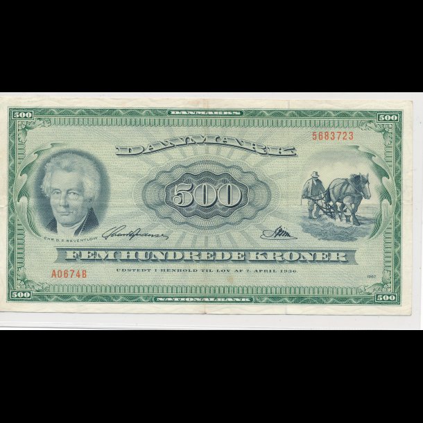 1967, 500 kroner, plovmand, seddel, 1+,