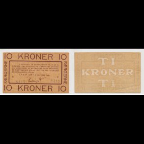 1940, F�r�erne, 10 kroner, 1 / 1+, Sieg 7, Pick 2, H�ndskrevet underskrift,