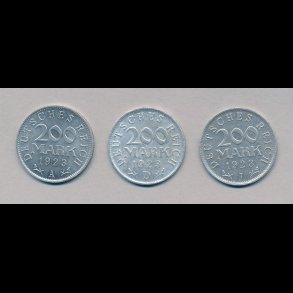 1923, Tyskland, 3 x 200 mark, A, D og J, i alt 3 m�nter