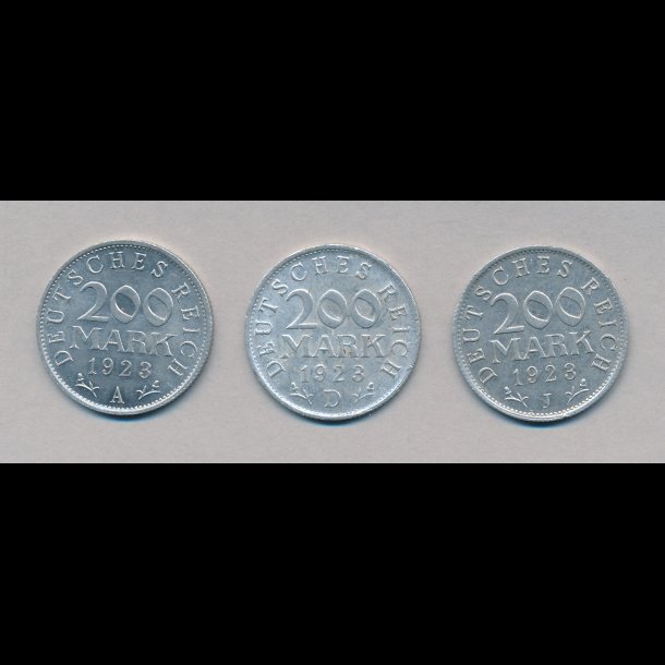 1923, Tyskland, 3 x 200 mark, A, D og J, i alt 3 m�nter