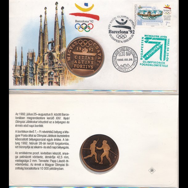 1992, Spanien, OL i Barcelona, minde-medalje og FDC,