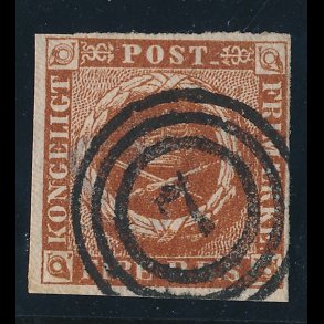 .1 Danmark, 1852, 4 rigsbank skilling, Thieles IV tryk, stemplet 7, IV-95,