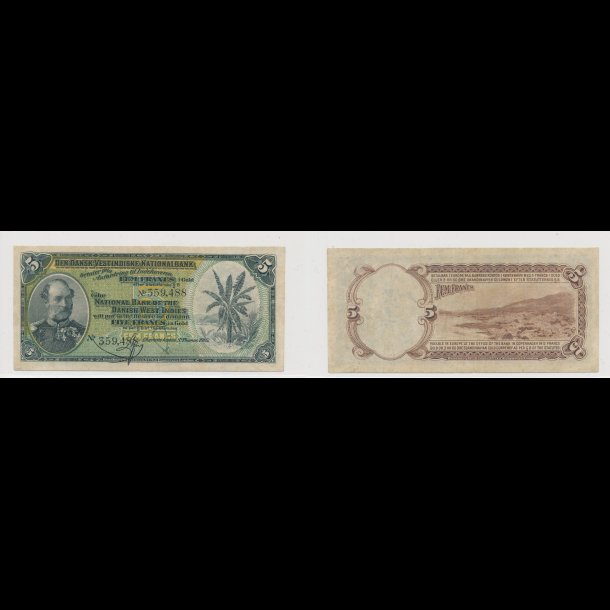 1905, Dansk Vestindien, Christian IX, 5 francs, 1+, nr 359488, Krause 17, pengeseddel,