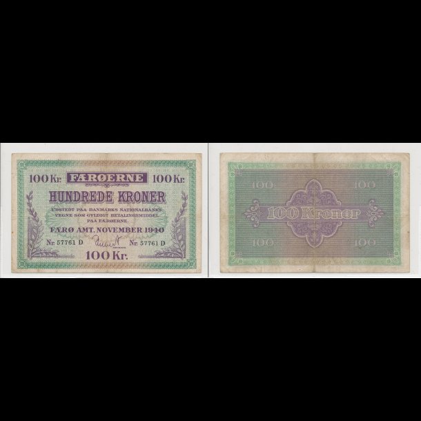 1940, F�r�erne, 100 kroner, nr 57761, 1+ / 1, Krause 12,  sj�lden pengeseddel,