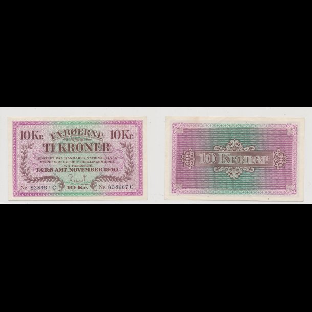1940, F�r�erne, 10 kroner, nr 838667 C,  0/ 01, Krause 11,