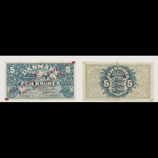 1940, F�r�erne, 5 kroner, nr 0527936 F, 01 /1+, Krause 1,