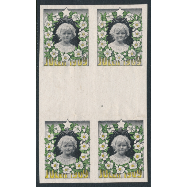 1909, Julemrke, Danmark, utakket, fireblok, med hvidt mellemfelt, Barnehoved,