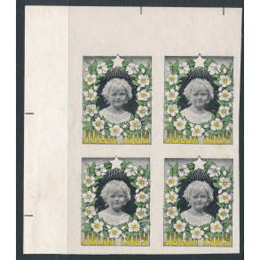 1909, Julemrke, Danmark, utakket, fireblok, med arkrand, Barnehoved,