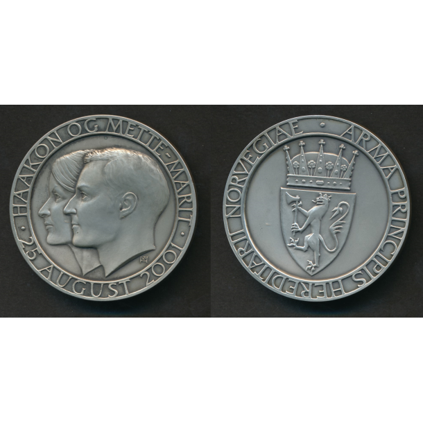 2001, Haakon og Mette Marits bryllup, slvmedalje, 925, 56 mm. 96 g 115/500 i original ske