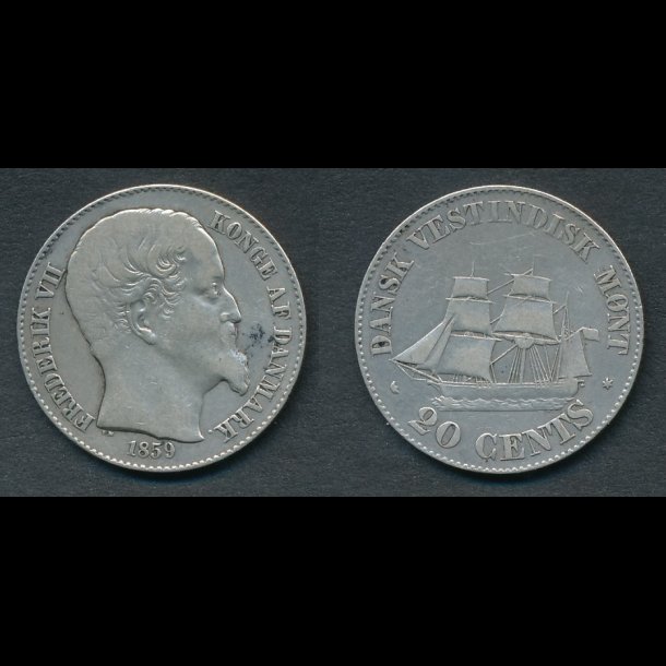 1859, Dansk Vestindien, Frederik VII, 20 cent, 1(+)