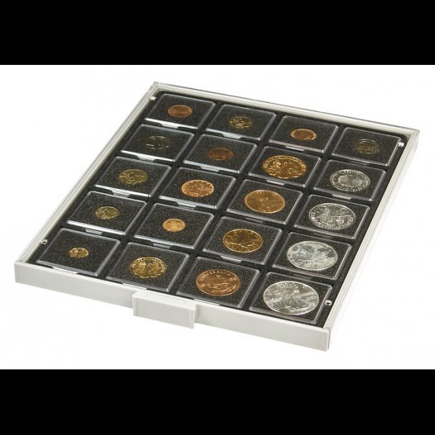 Mntbox, 50 x 50 mm, sort indlg med plads til 20 kapsler. 2122C