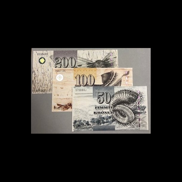 2001 - 2003, Frerne, 50-, 100-, og 200 kronur, 3 sedler, 0, S 33-34-35,